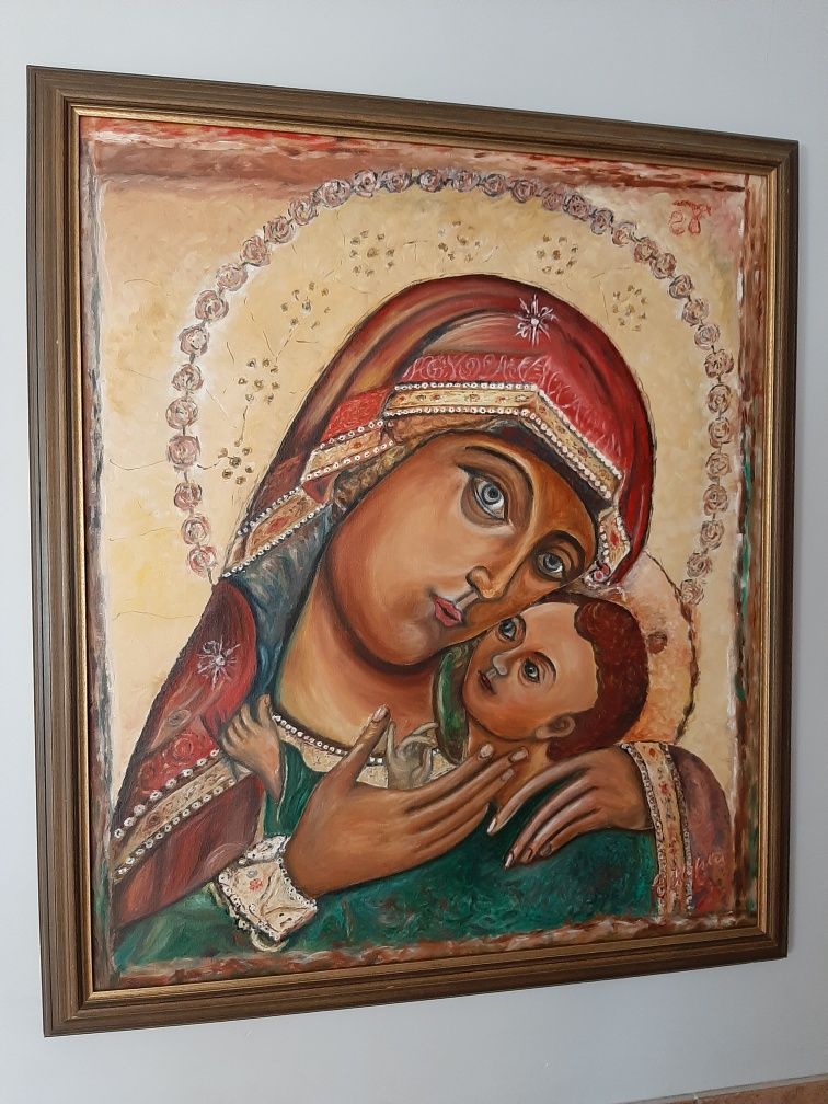 Obraz Matka Boska z dzieciątkiem malowany na plotnie duzy Sygnowany