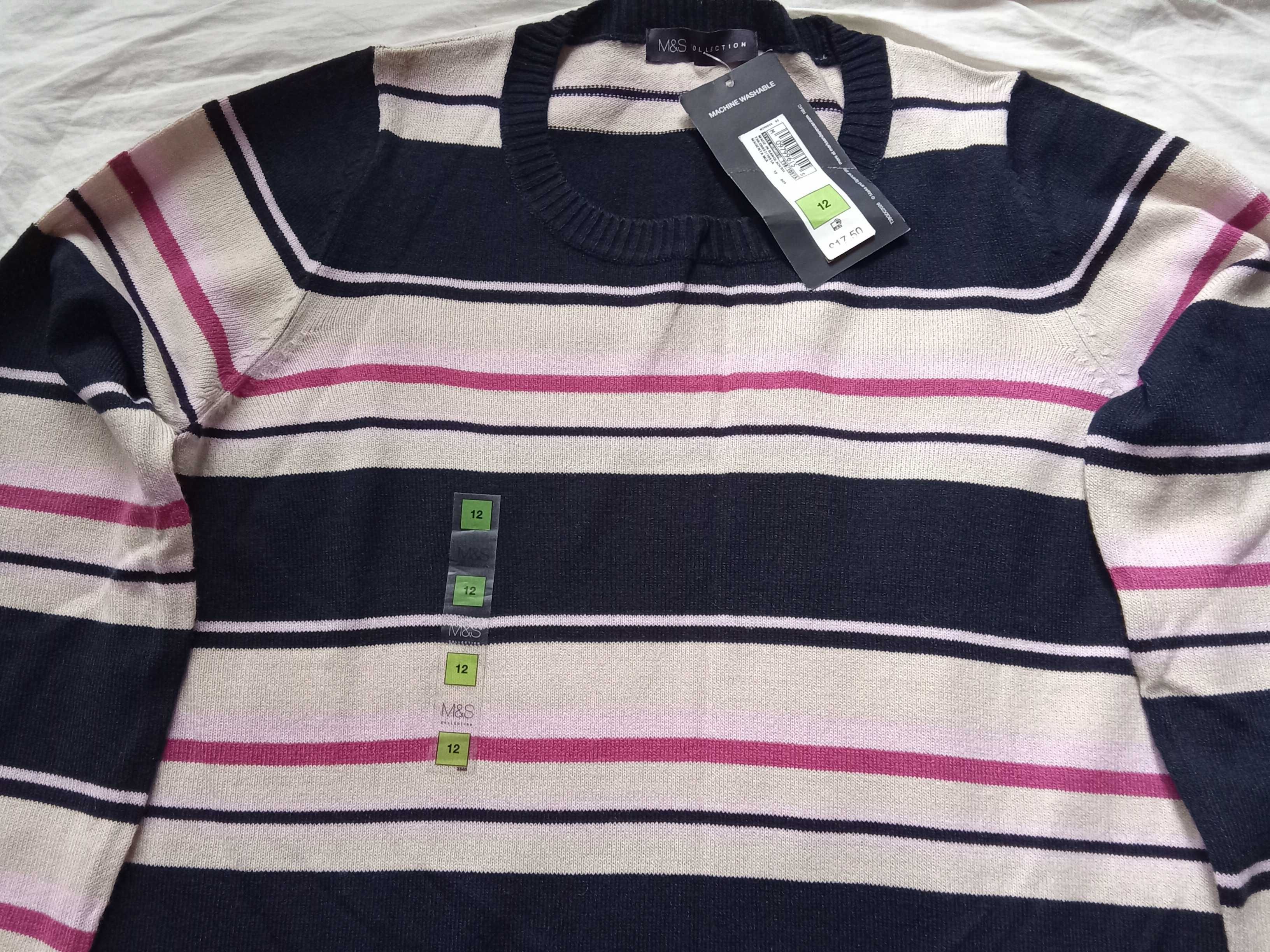 Sweter granatowy w paski, rozmiar L, Marks Spencer