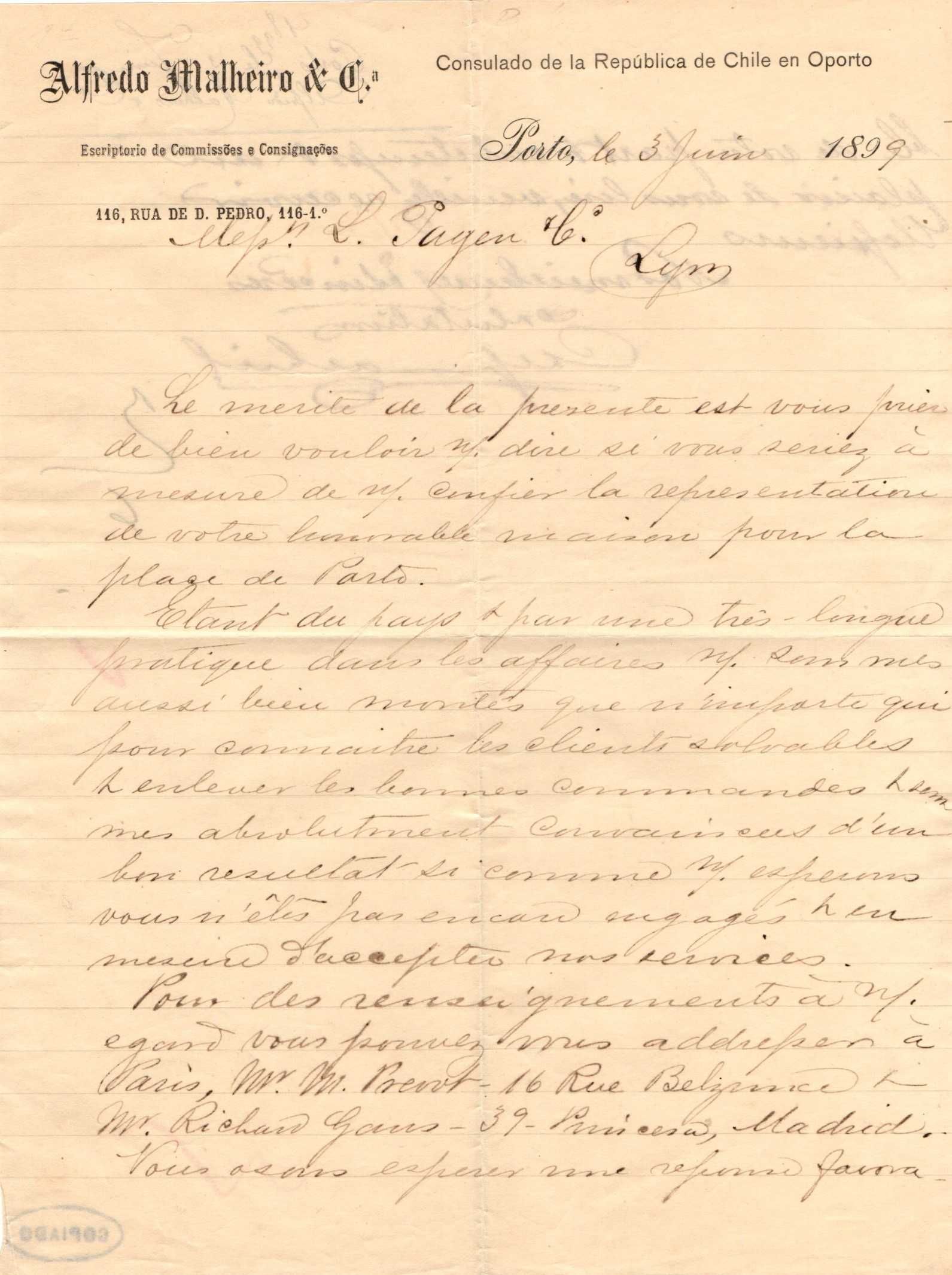 Ofício do Consulado do Chile na cidade do Porto (1889)