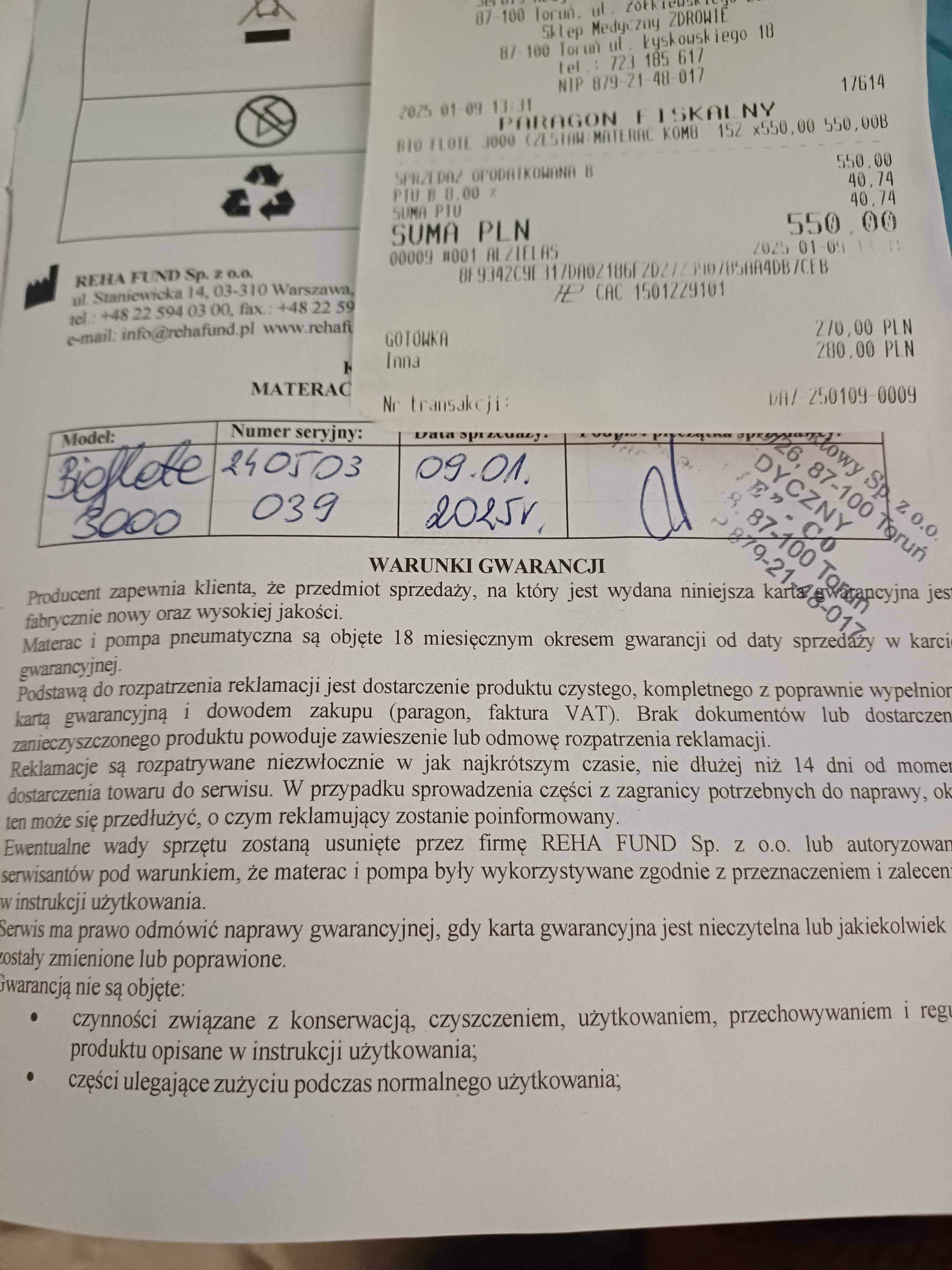 Materac przeciwodleżynowy rurowy Bioflote 3000