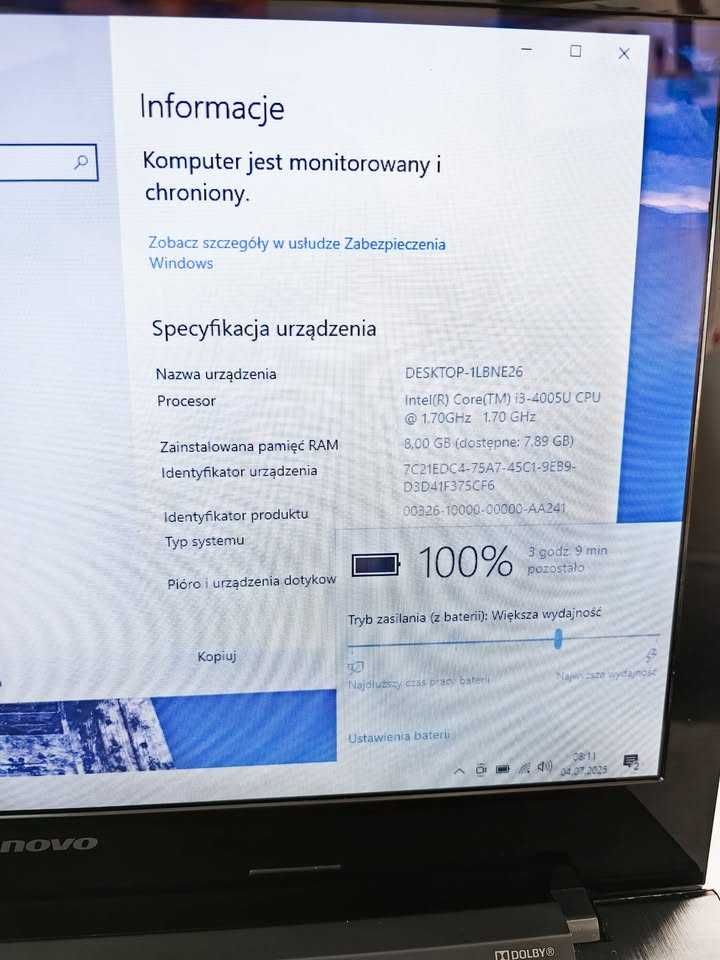 Laptop Lenovo i3 8gb ram SSD win 10 bateria Stan BDB mogę podwieźć