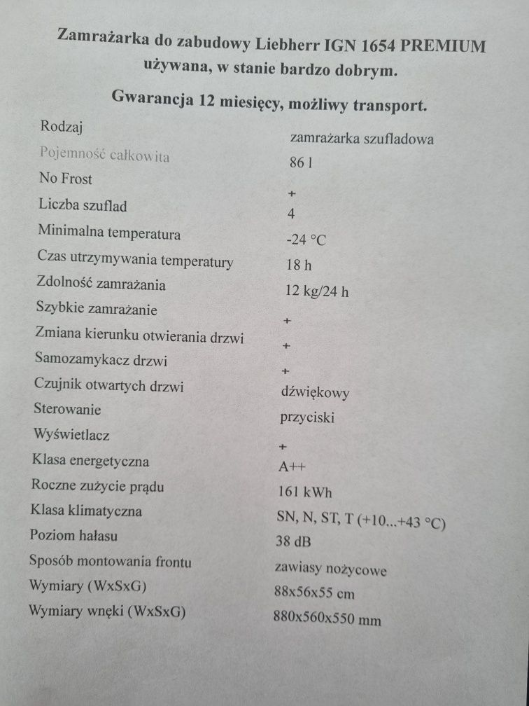 Zamrażarka szufladowa do zabudowy Liebherr IGN1654 Premium