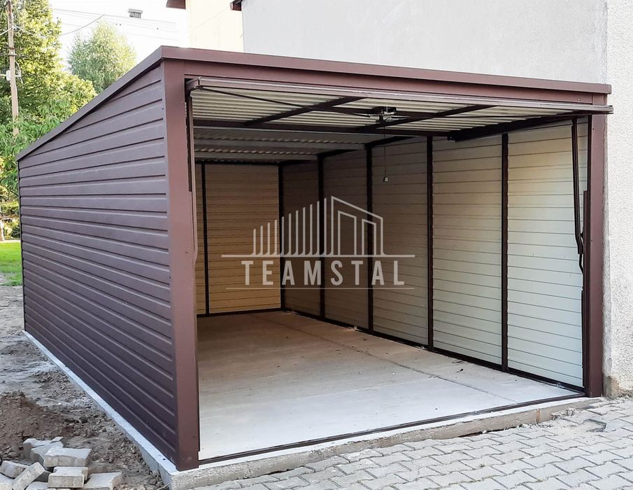 GARAŻ BLASZANY 3m x 6m poziom - spad tył - Brama uchylna TS269 3x6