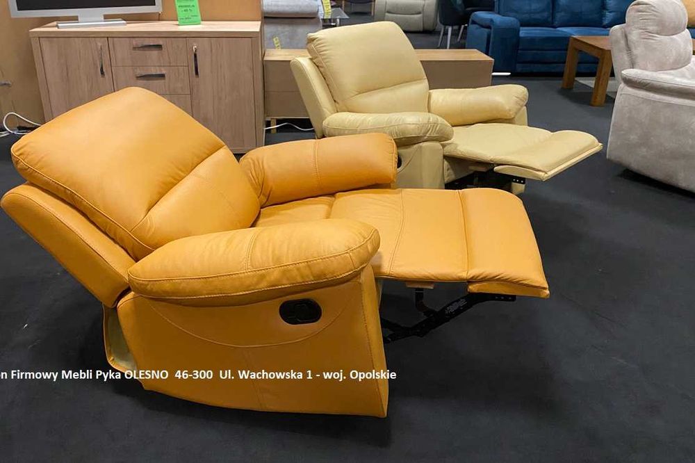 Nowy Fotel ROZKŁADANY, Bujany, Obrotowy, SKÓRA NATURALNA- Wyprzedaż