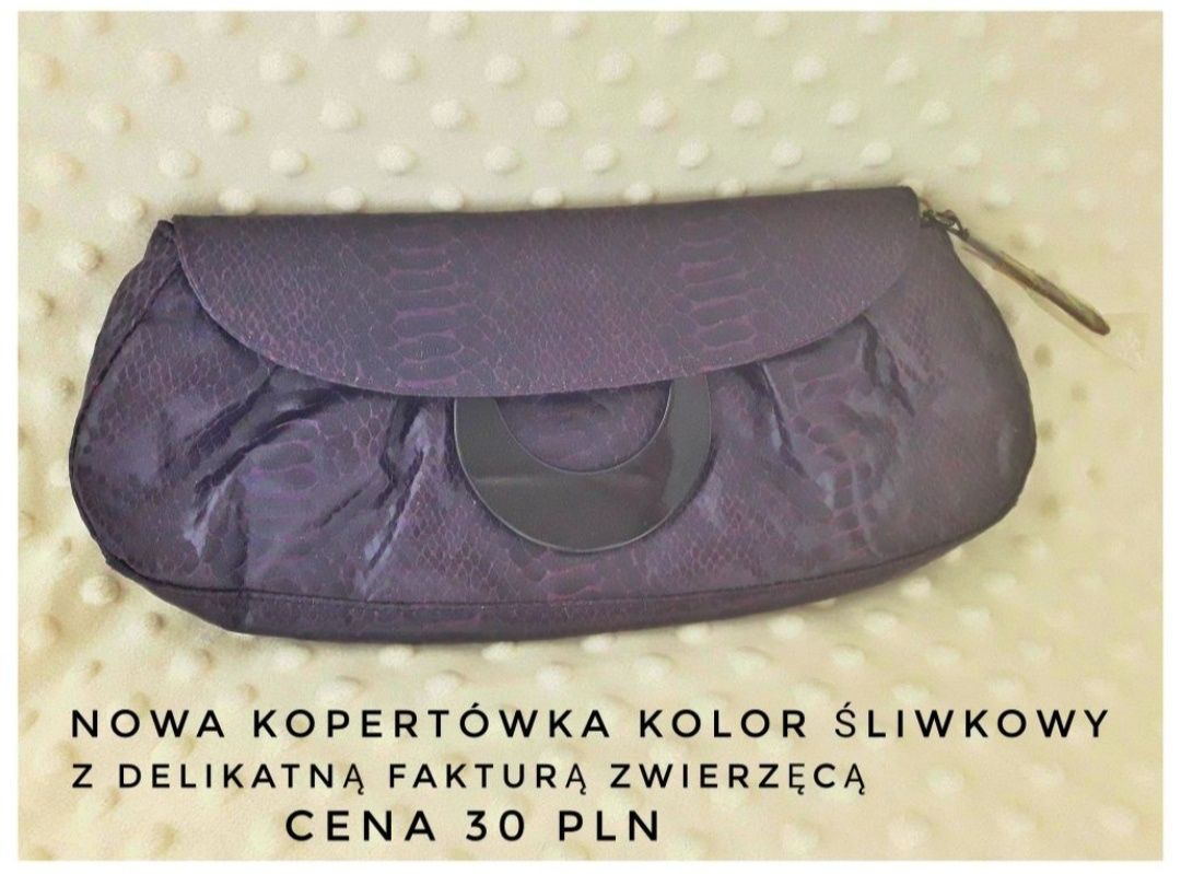 Torebka kopertówka kolor śliwkowy, zwierzęcy print