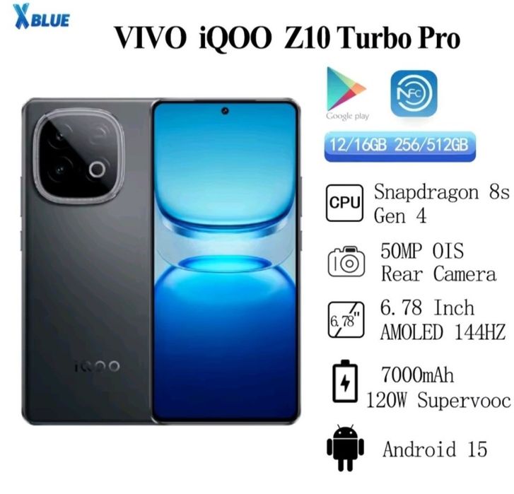 Vivo iQOO Z10 Turbo Pro 12 ГБ/256 ГБ, Snap 8s Gen 4, 7000 мАг, NFC