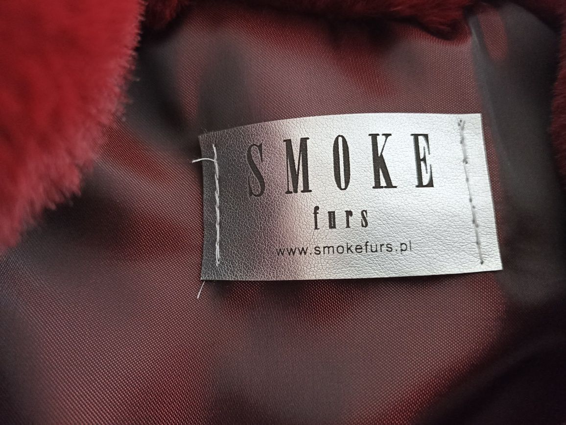 Bordowe Damskie Futerko Płaszcz ze Sztucznego Futra smoke furs S