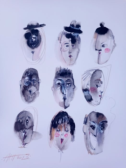 Twarze bez imion rysunek z wyobraźni surrealizm art A4 tuszem