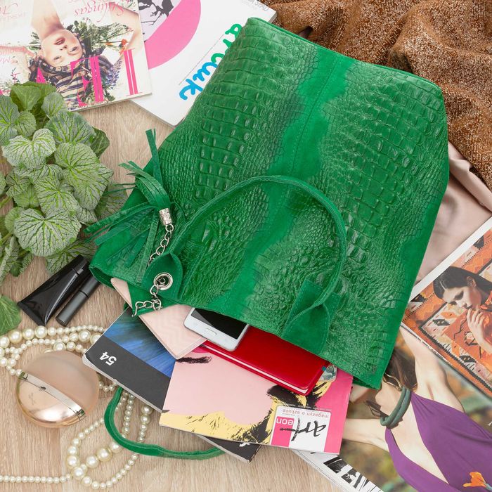 VERA PELLE torebka damska zamszowa shopper kroko na ramię V141 zielona