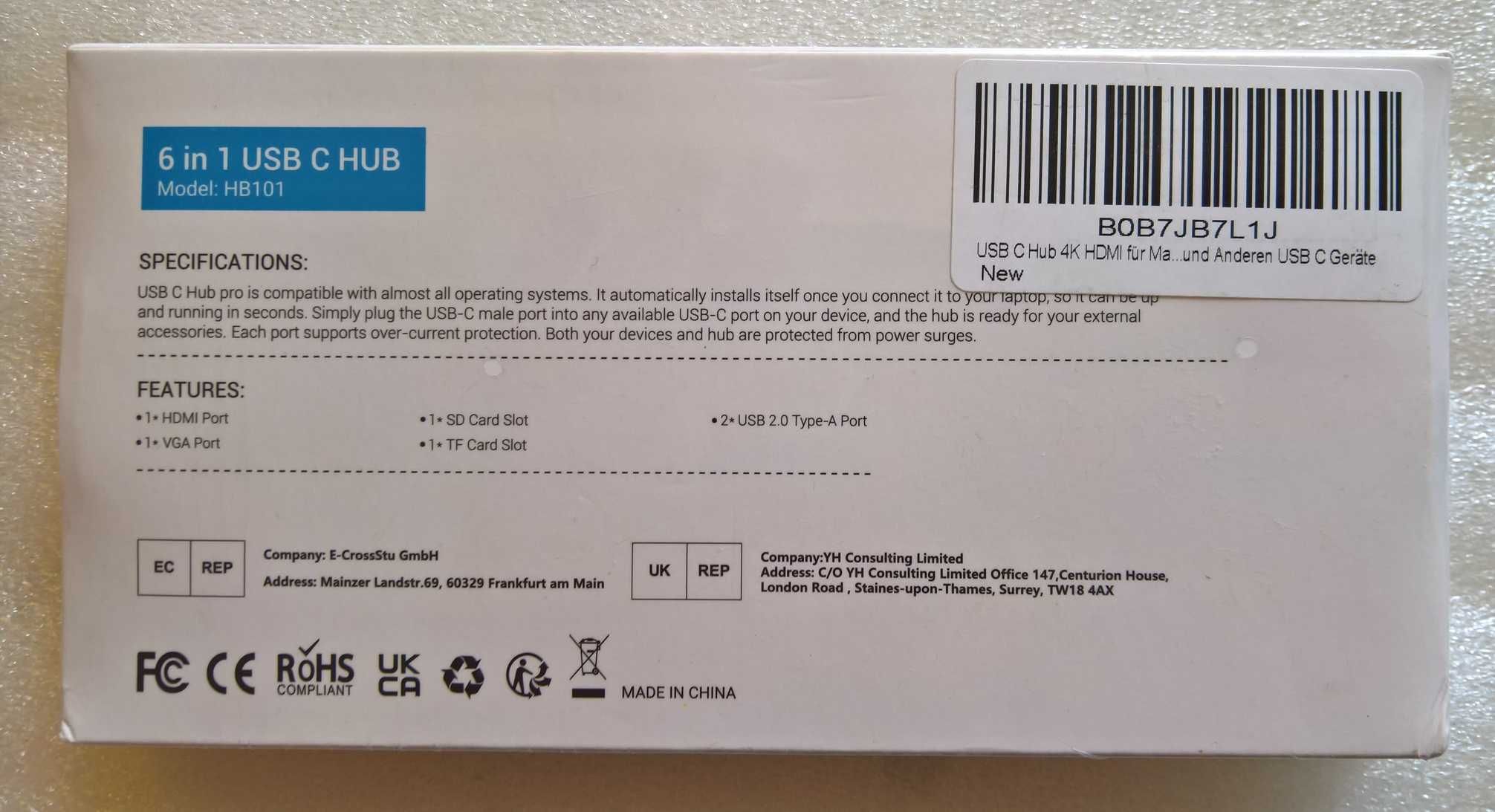 Hub USB-C 6 in 1, model HB101, hdmi, vga, sd, TF, 2x usb-a