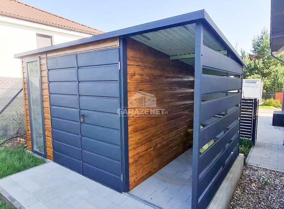 DOMEK OGRODOWY 3X2,5M Wiata1M Brama Dwuskrzydłowa Drewnopodobny Gb460