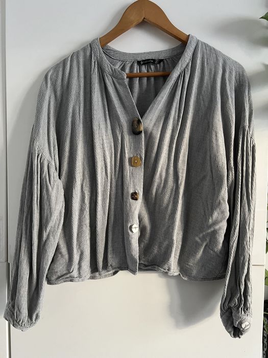 Szara krótka bluzka koszula crop uniwersalny guziki