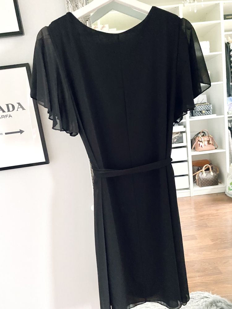 Czarna szyfonowa sukienka falbanki wiązanie Varlesca S M 36 38