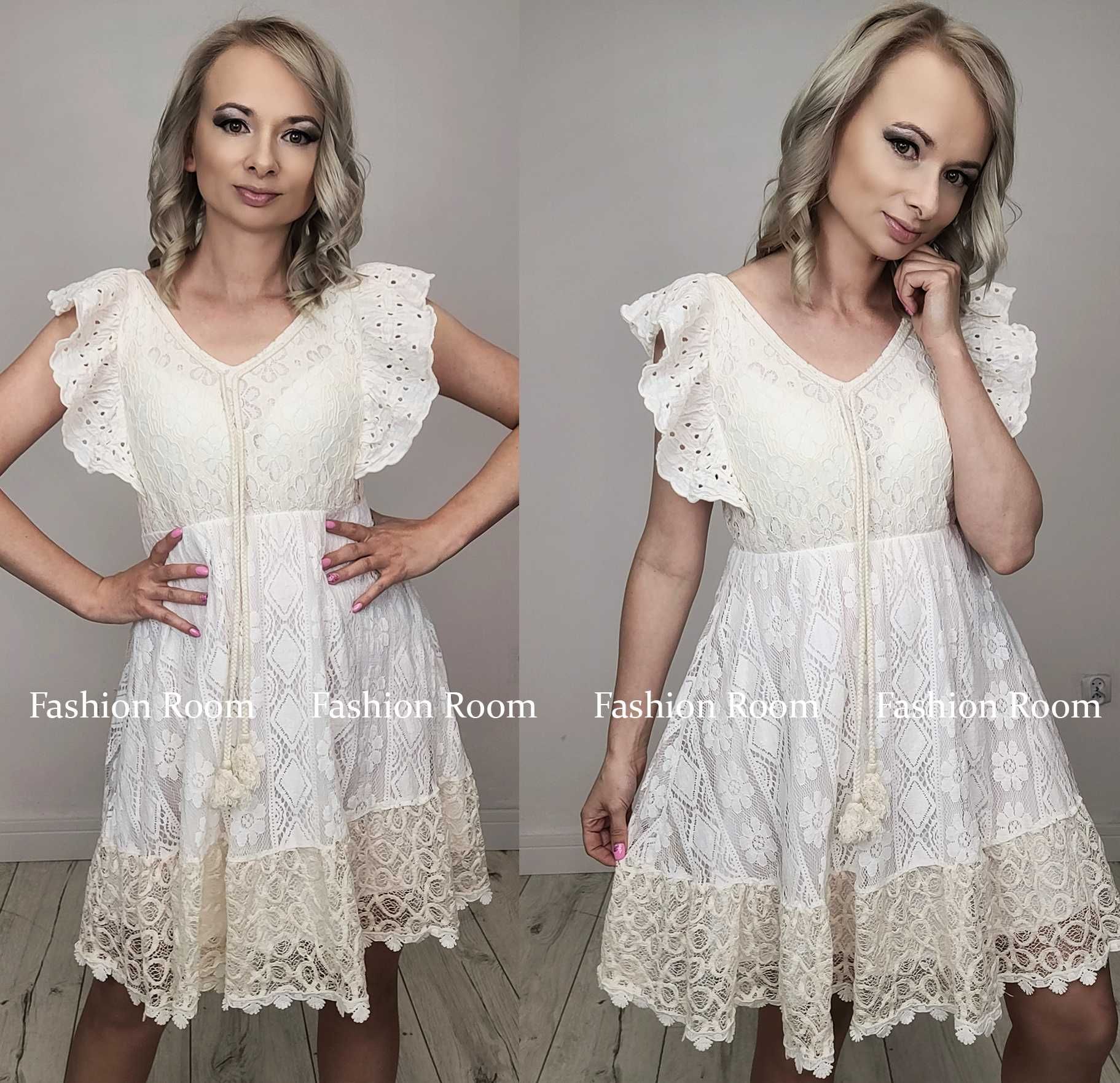 Sukienka BOHO romantyczna kolor kość słoniowa ecru nude UNI