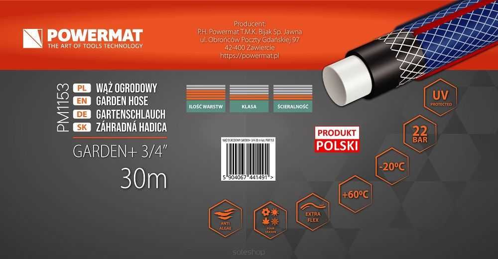 POWERMAT Wąż Ogrodowy Do Wody 3/4'' 30m 4 Warstwowy 22 Bar Pcv PM1153