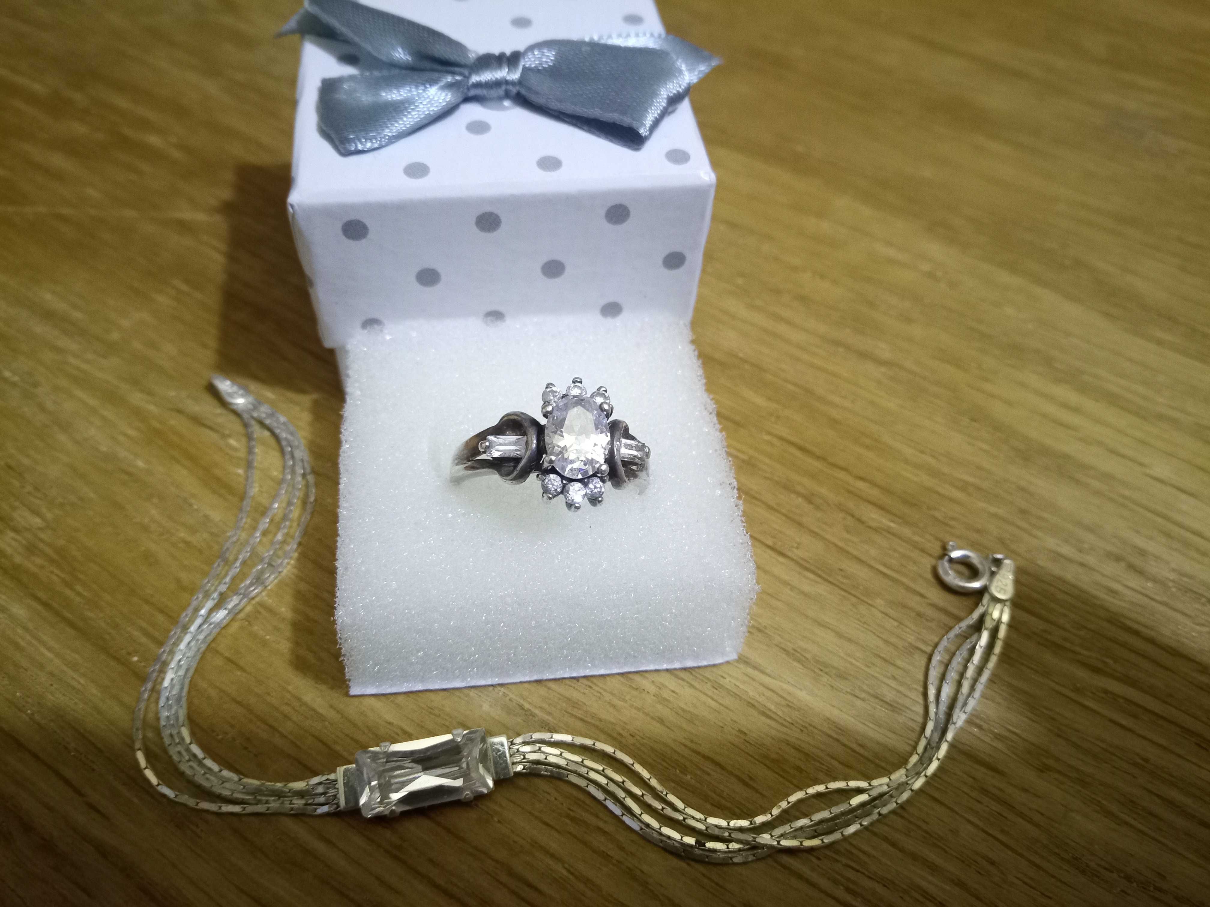 komplet srebrny bransoletka, pierścionek z kryształami, srebro 925