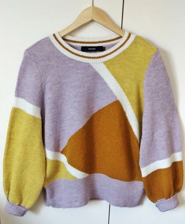 Idealny sweter lata 80 geometryczne wzory szerokie rękawy fioletowy