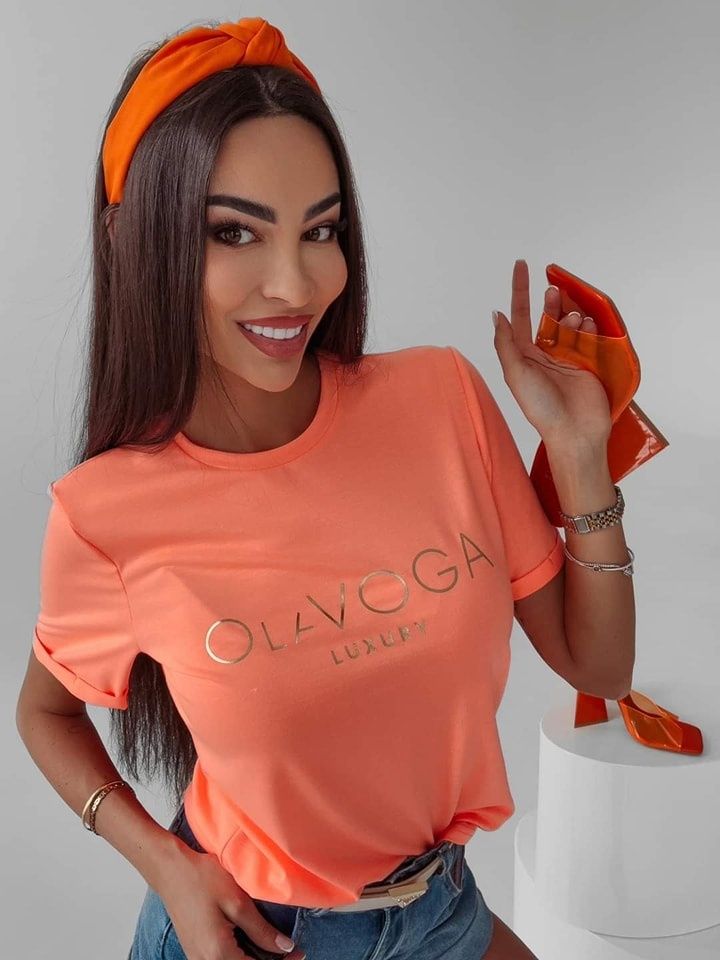 T-shirt olavoga Cafi bluzka biała różowa pomarańczowa Uni