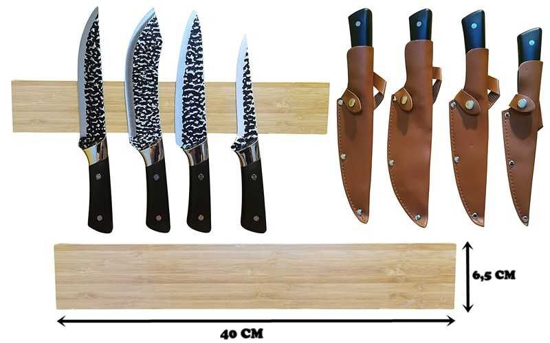 Magnetyczna listwa bambus 40 cm + ostre duże noże kuchenne + pokrowce