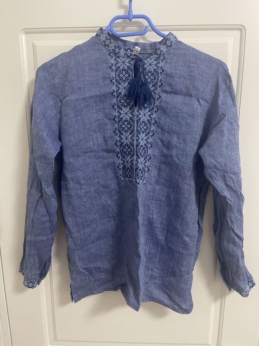 Дитяча вишиванка лляна, синя, розмір 146,