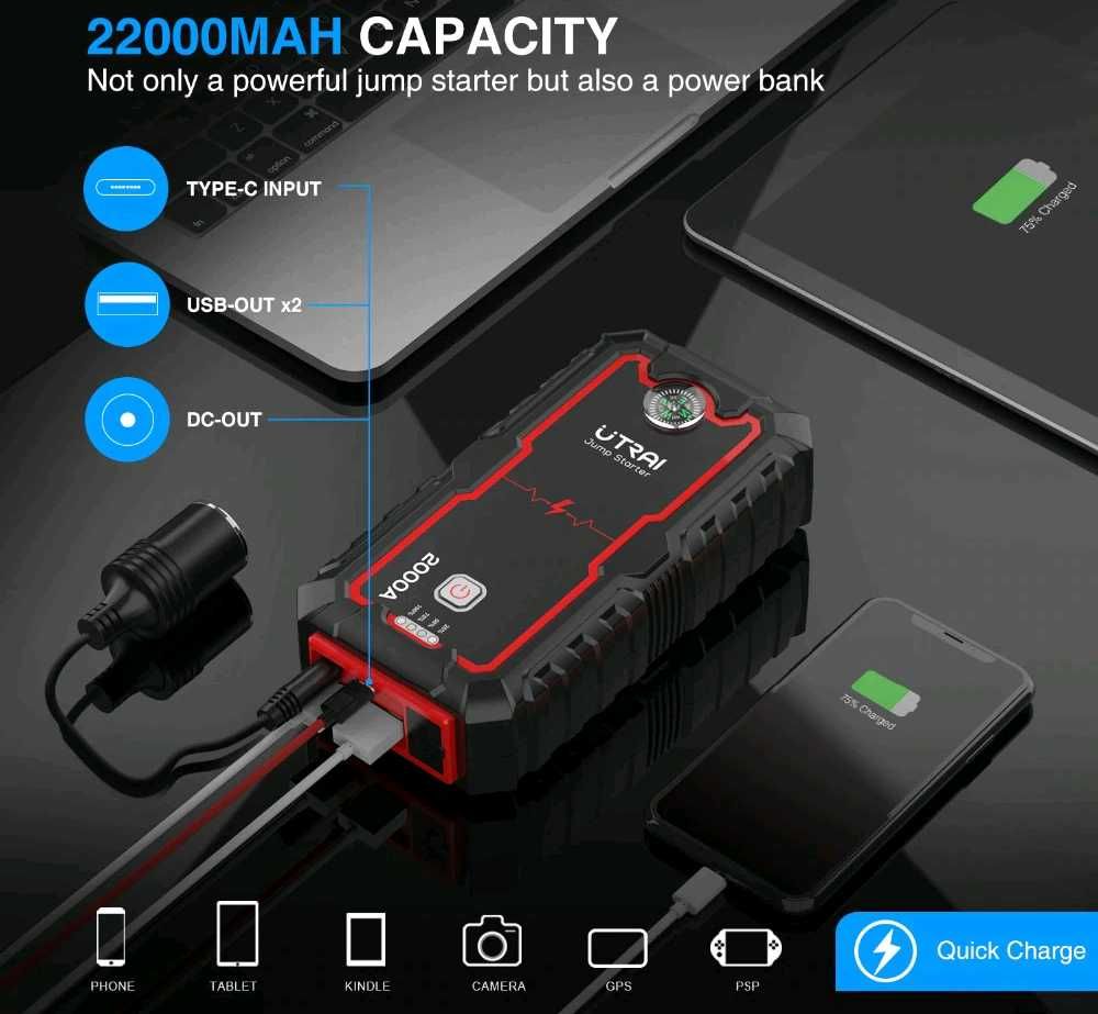 Booster Jump Starter Bateria Automovel 2000A Powerbank, Lanterna