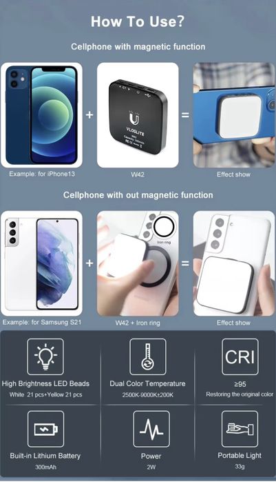 Портативне світло Vloglite W42 для смартфону