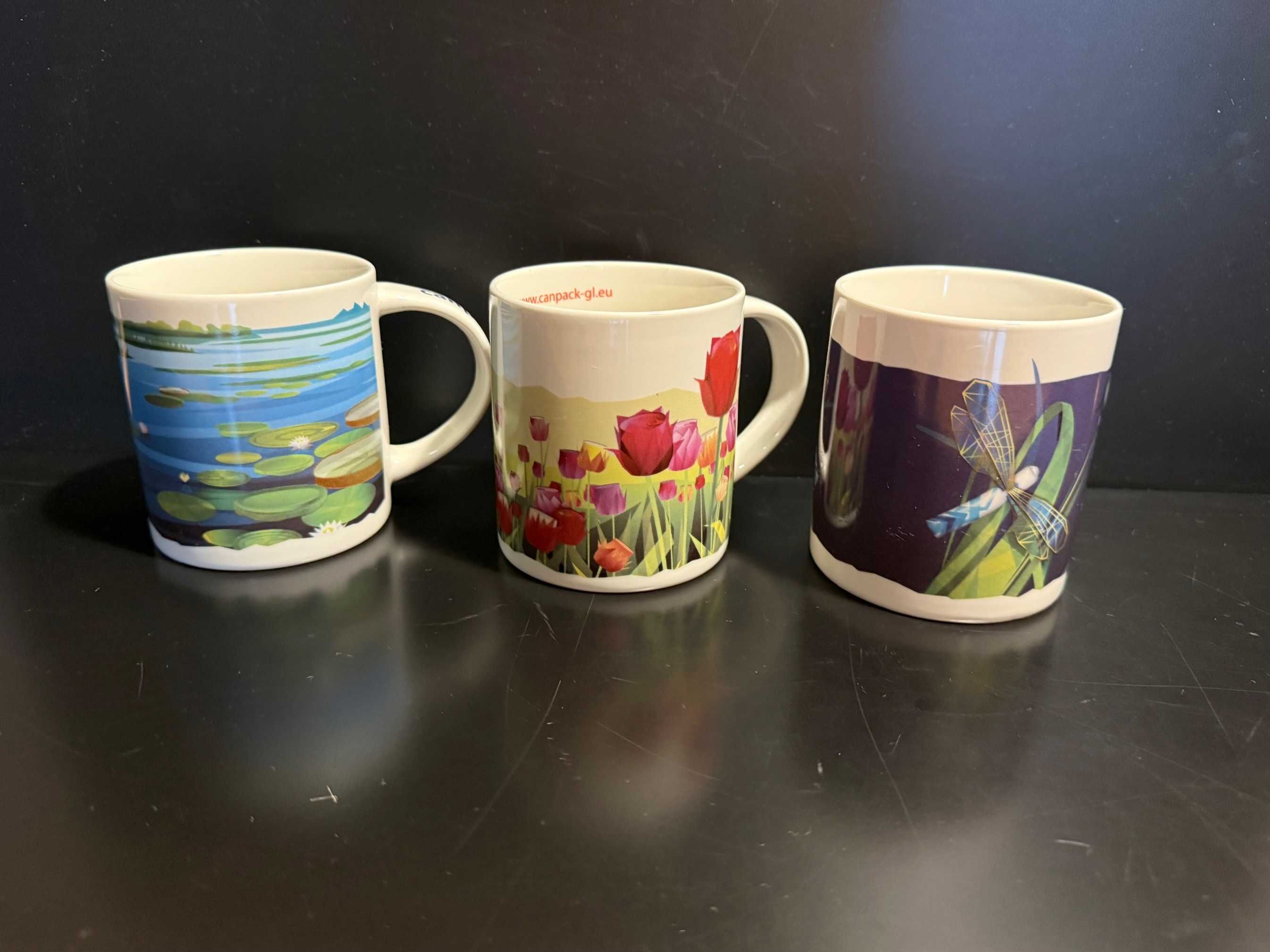 Kolorowe, ceramiczne kubki w kwiatki, tulipany, nenufary, 3 szt., nowe
