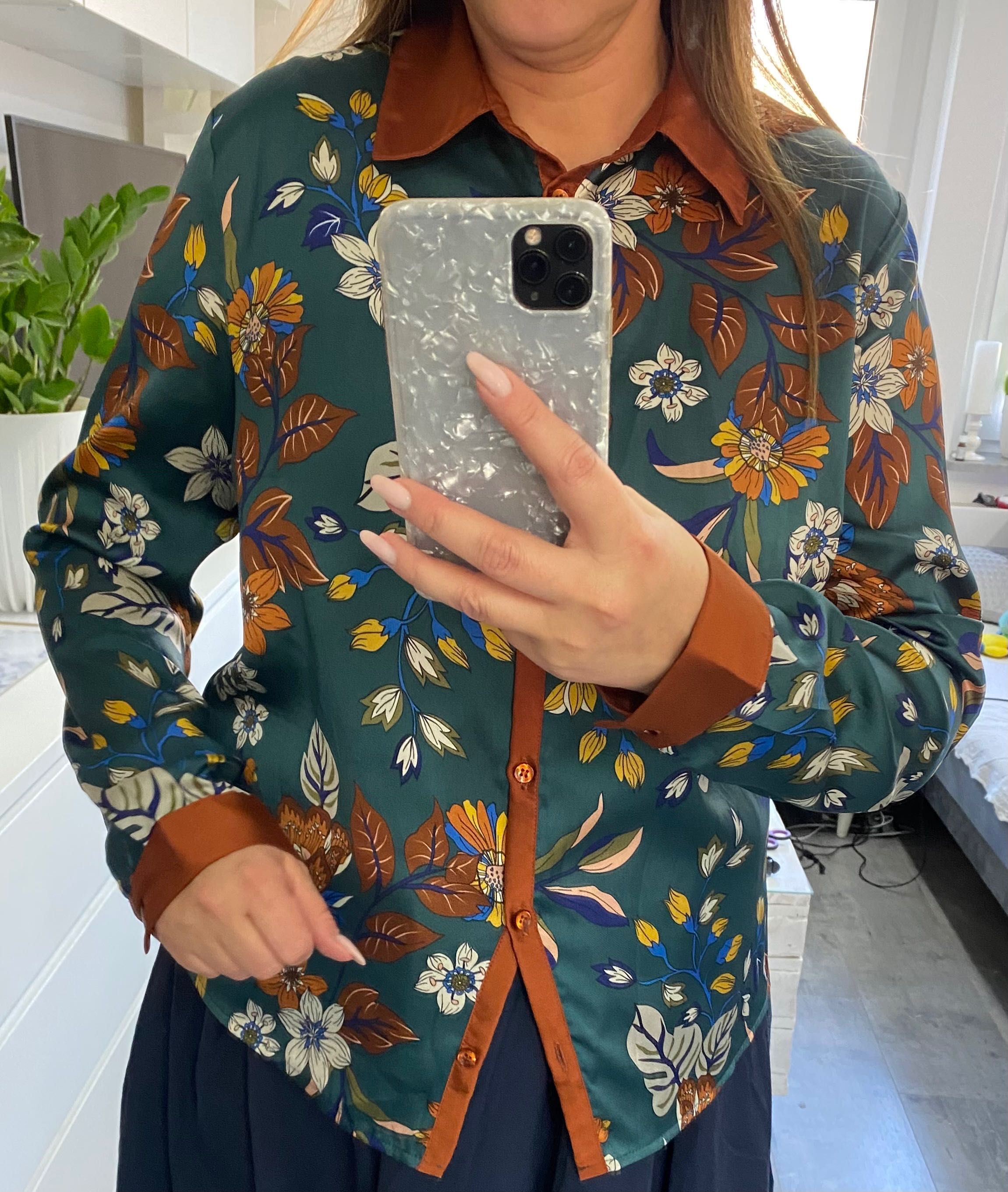 Bluzka Koszula butelkowa zieleń kwiaty  L -XL