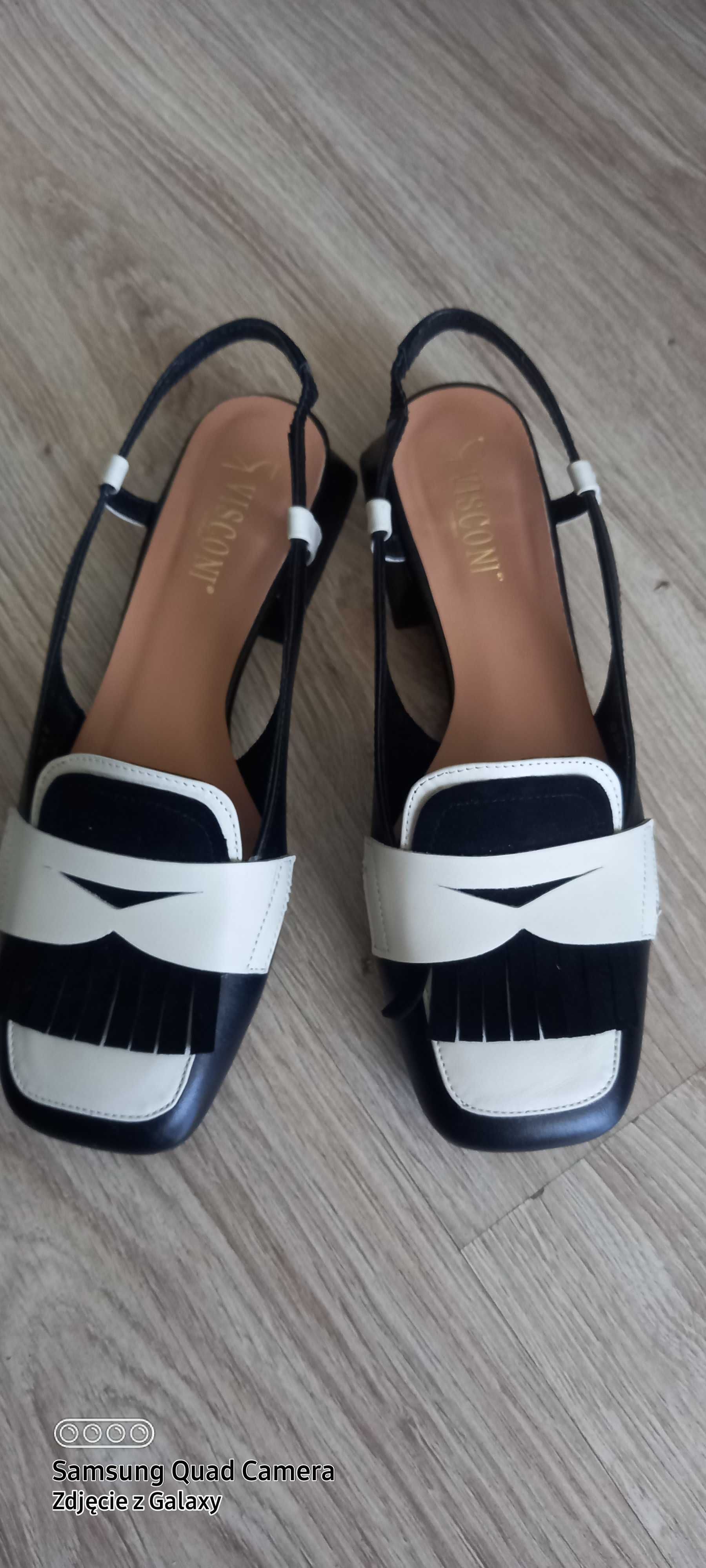 Eleganckie buty czarno - białe z odkrytą piętą 38