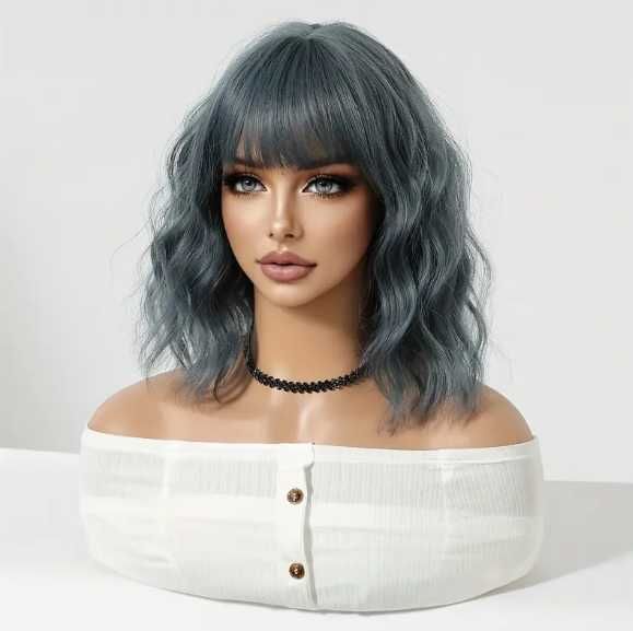 Peruka damska niebieski bob włosy kręcone z grzywką dostawa 24h PL