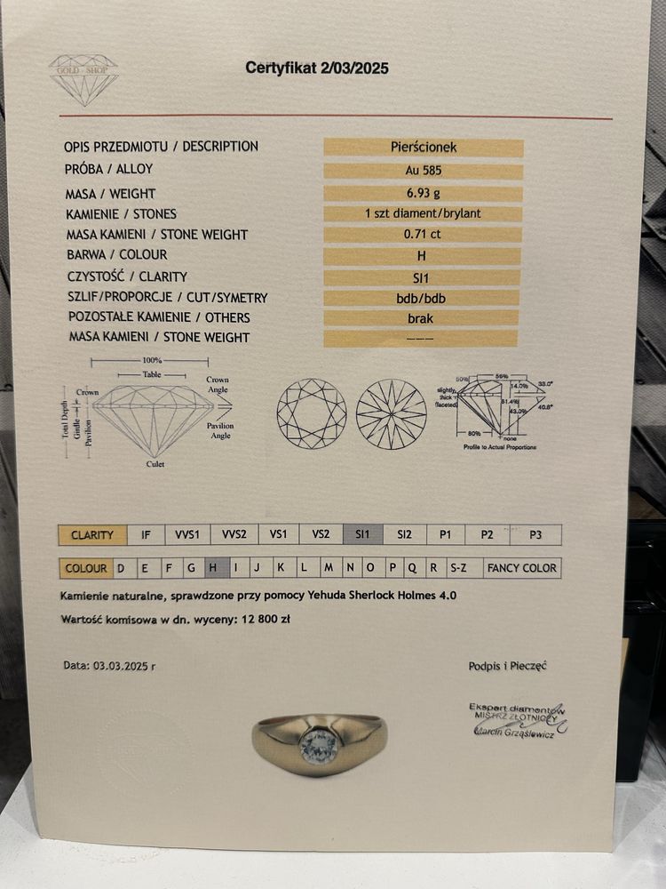Pierścionek złoty z brylantem 0.71 ct