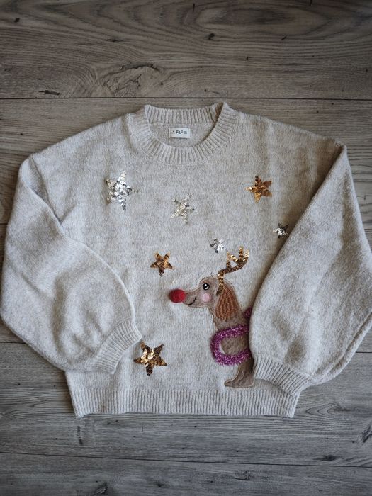 Sweter sweterek świąteczny jamnik F&F bufiasty rękaw r. 134
