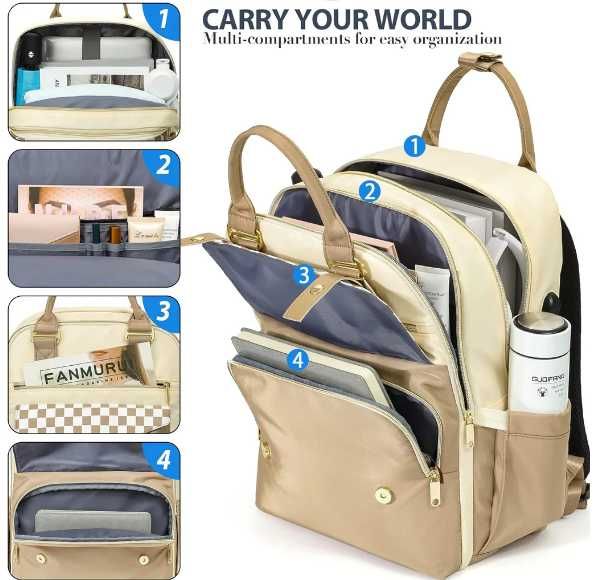 Plecak damski, na laptopa 15,6 cala z portem USB, beżowy