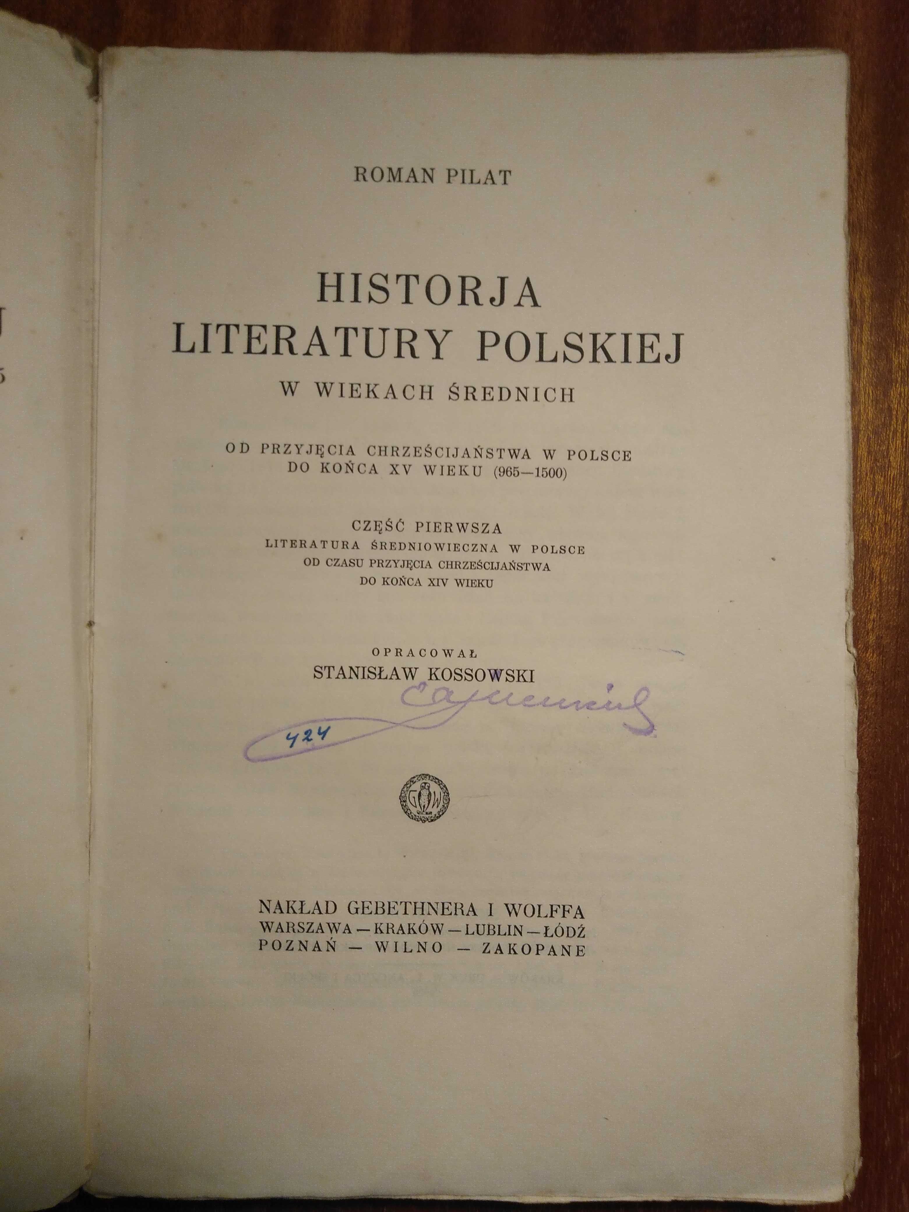 Historja Literatury Polskiej - Pilat - Tom I