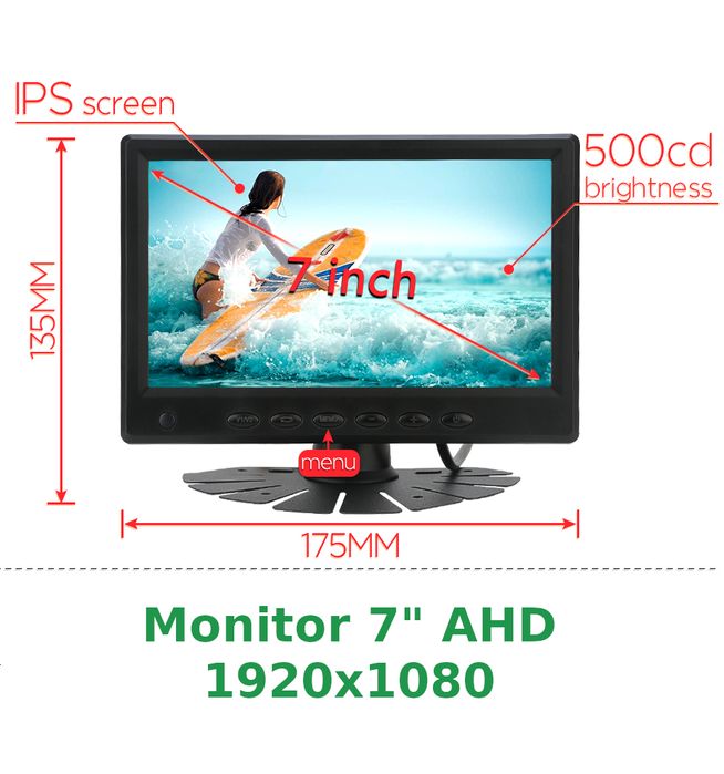 MONITOR 7" 4pin AHD HD 1920x1080p do Busa Tira Kombajnu Koparki Ciągni
