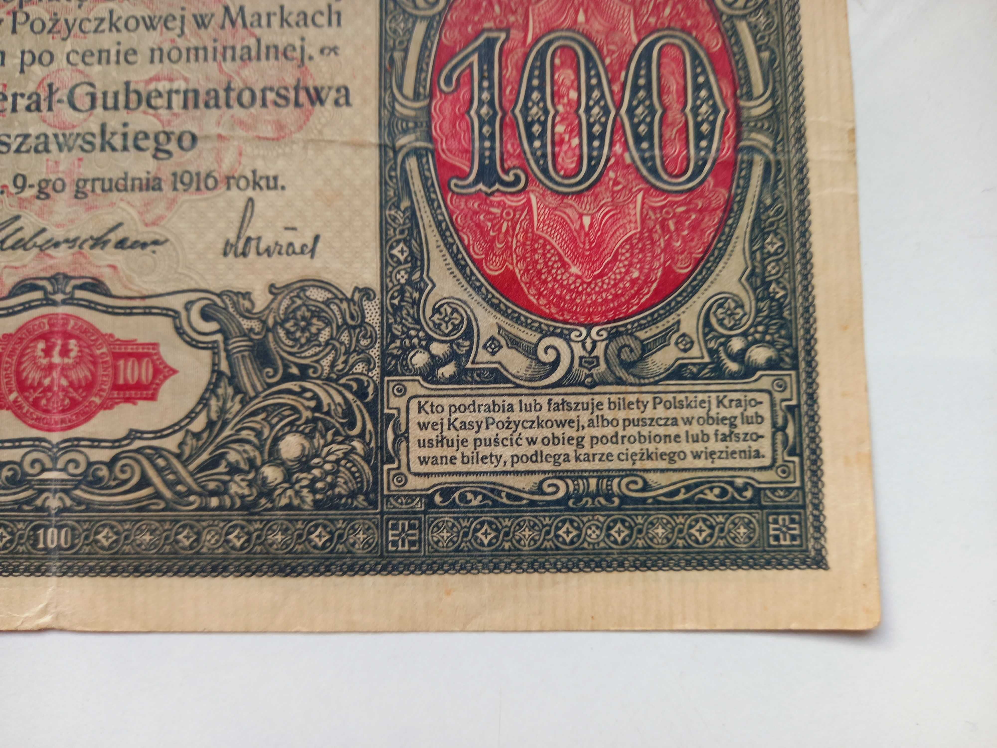 Banknot 100 marek Polskich 1916 seria A Generał