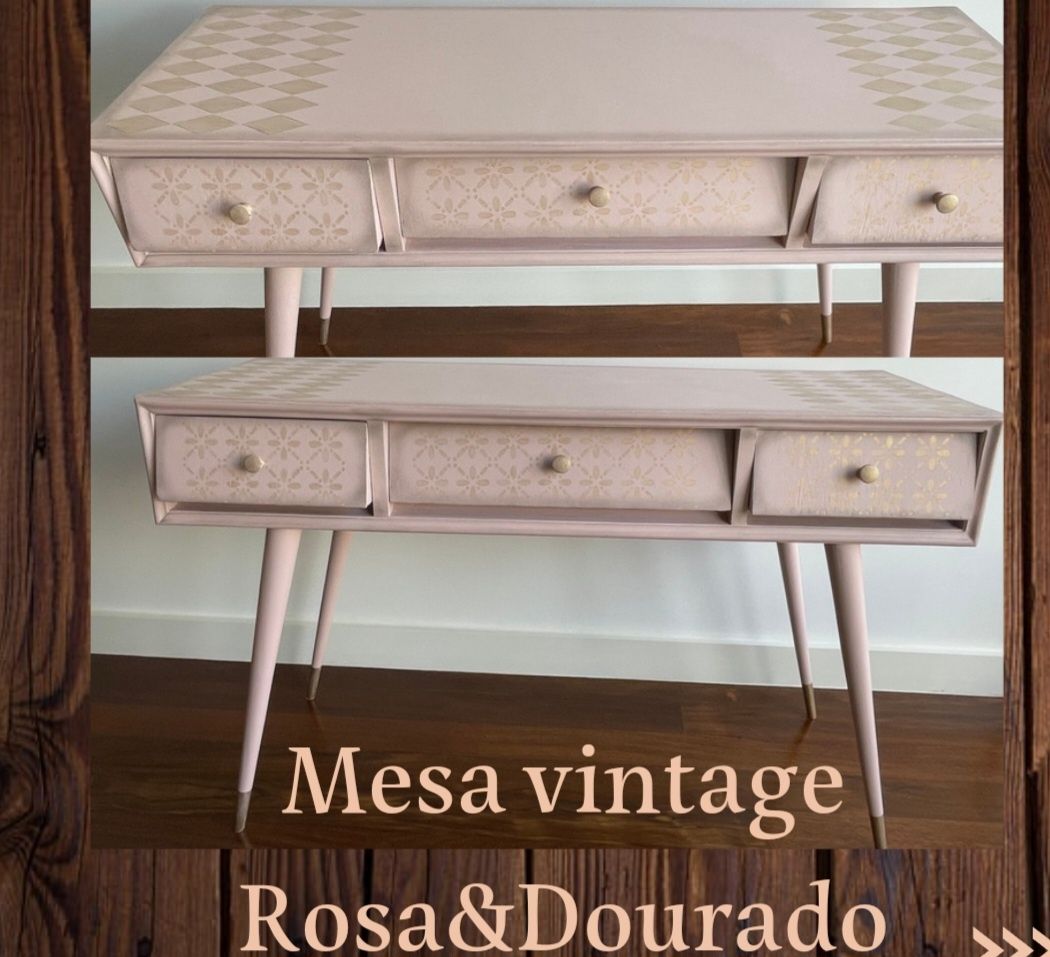 Cómoda vintage rosa e dourado