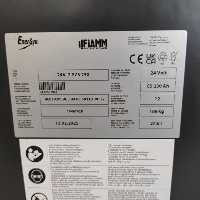 Bateria trakcyjna FIAMM EP 24V 2PzS 230 do paleciaka elektrycznego