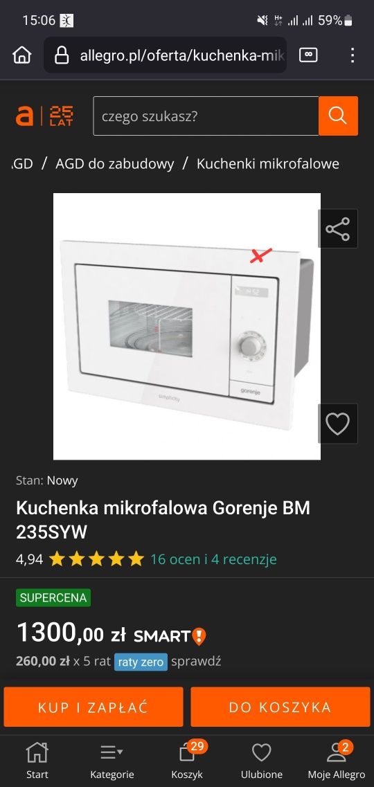 Kuchenka mikrofalowa do zabudowy Gorenje BM235SYW
