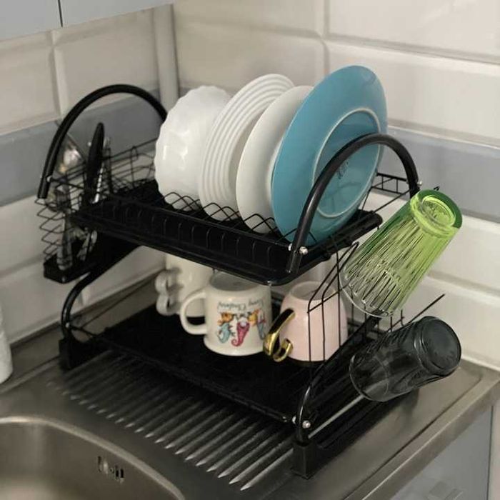 Suszarka do Naczyń Ociekacz Dwupoziomowa Stojąca Czarna Duża Sztućce