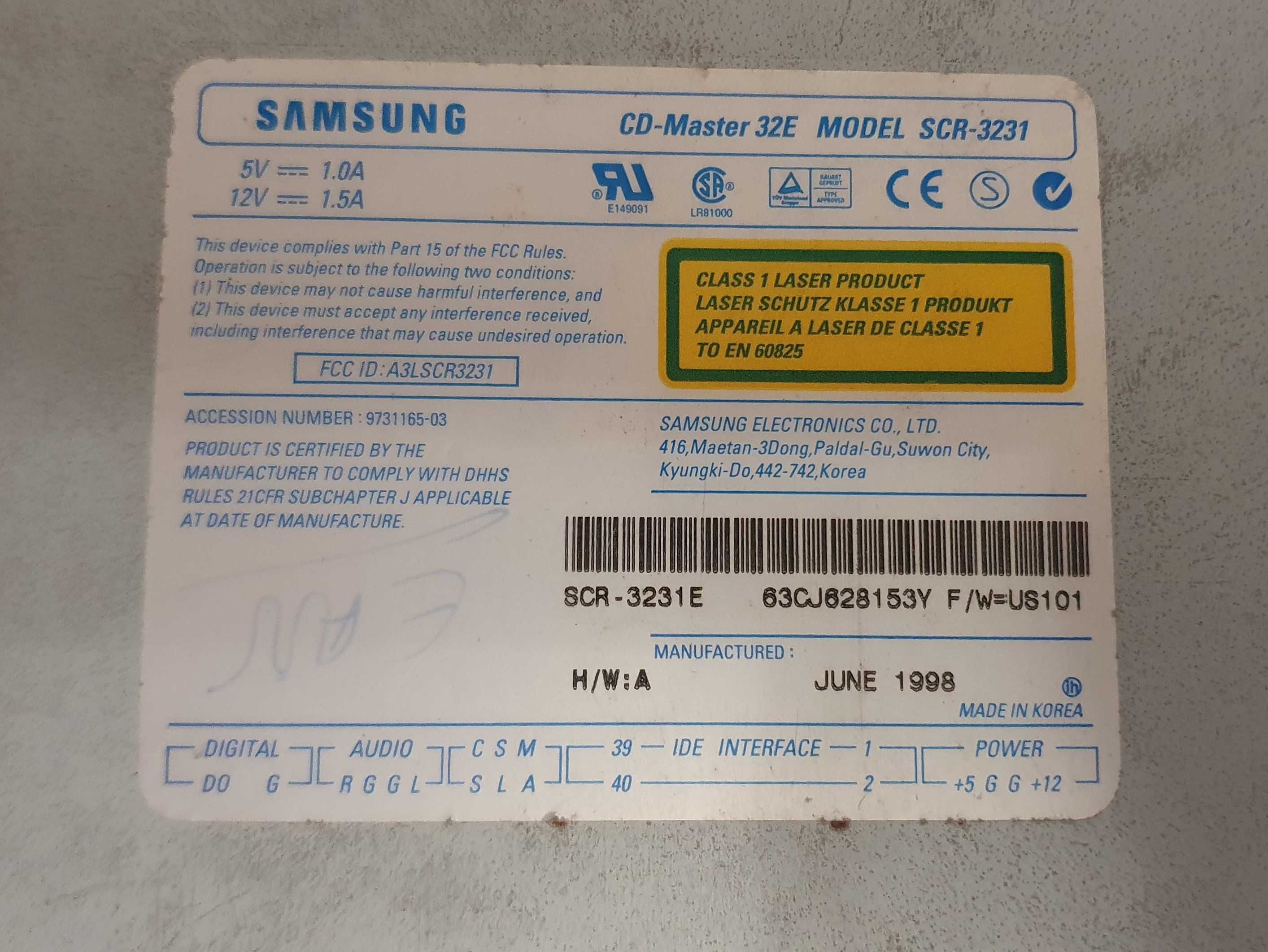 Leitor/Drive CD ROM interno Samsung 32x Max, mod SCR-3231 - IDE - 1998