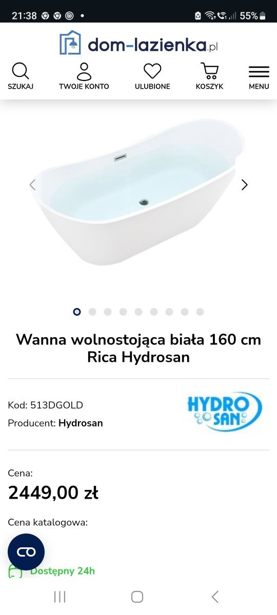 Nowa Wanna Wolnostojąca 160 cm Rica Hydrosan Okazja!!