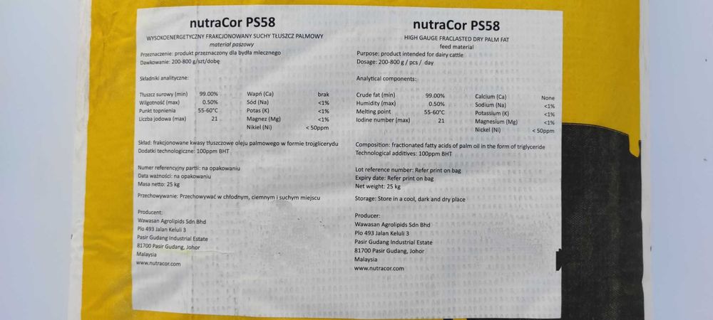 Tłuszcz paszowy palmowy trójglicerydy dla krów bydła NutreaCor PS85