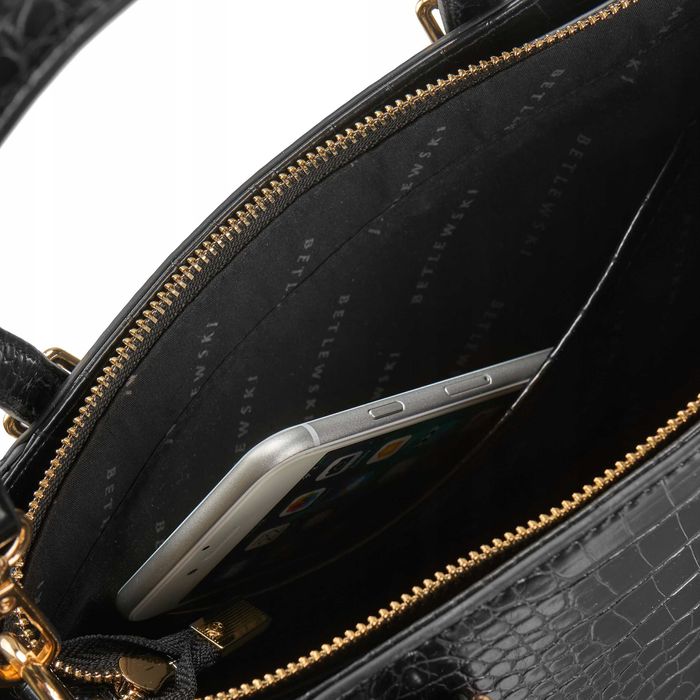 Torebka damska BETLEWSKI Czarna Lakierowana Zwierzęcy Wzór Pasek