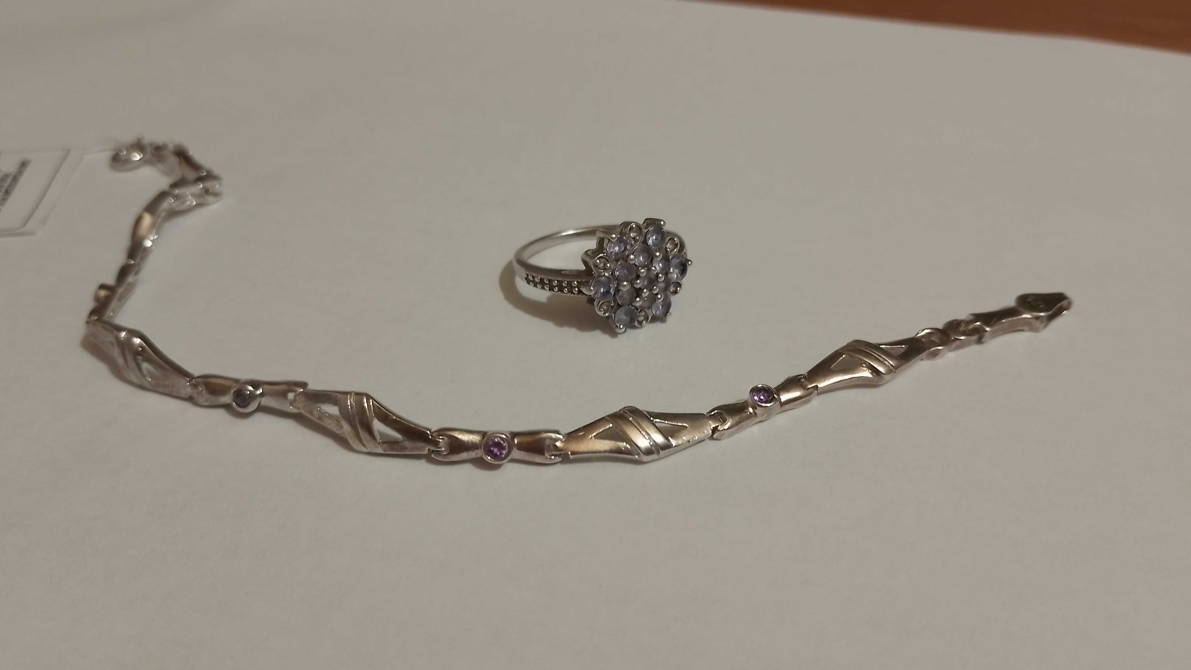 komplet srebrny, pierścionek bransoletka kamienie fiołkowe, srebro 925