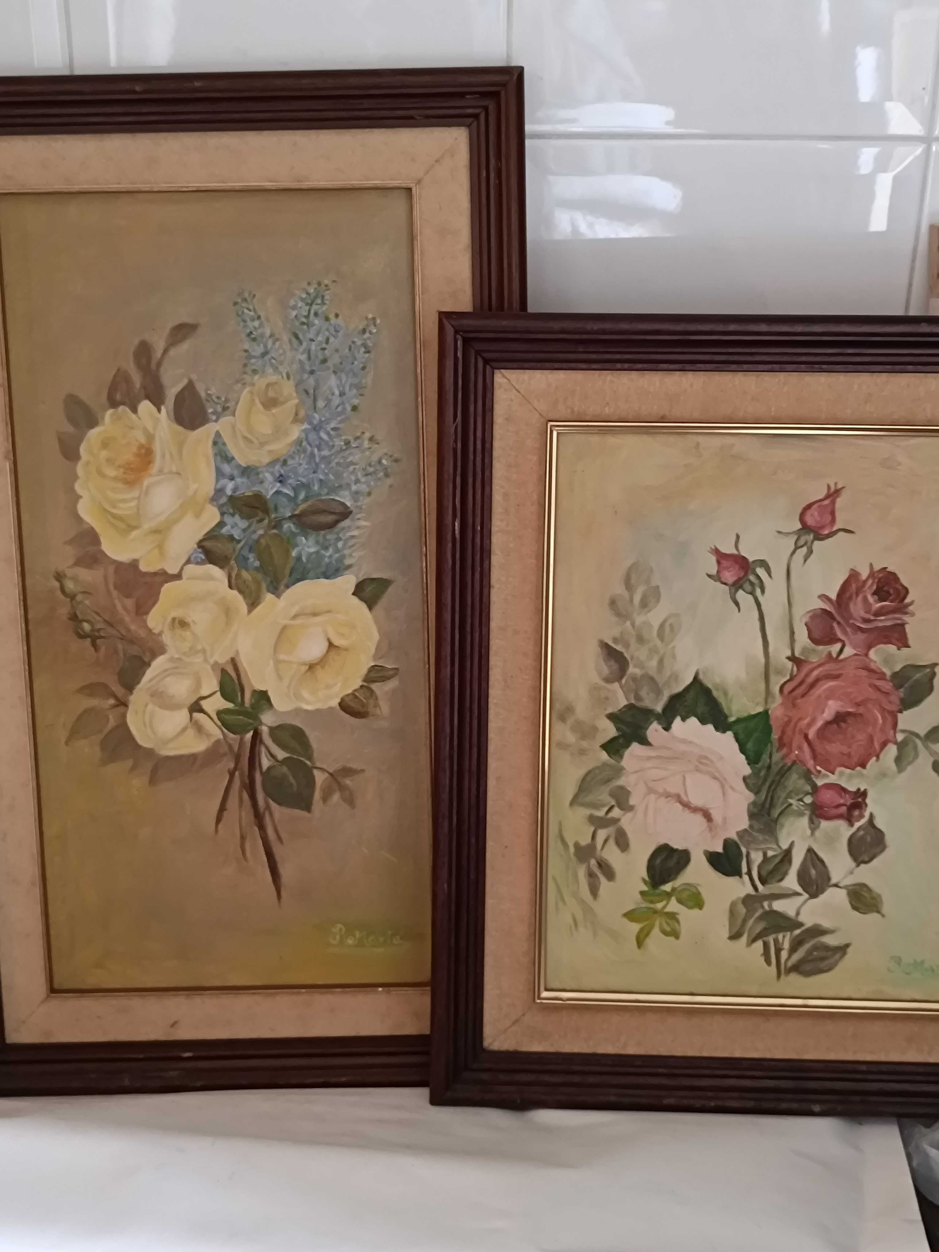 2 Quadros antigos de flores, pintados à mão