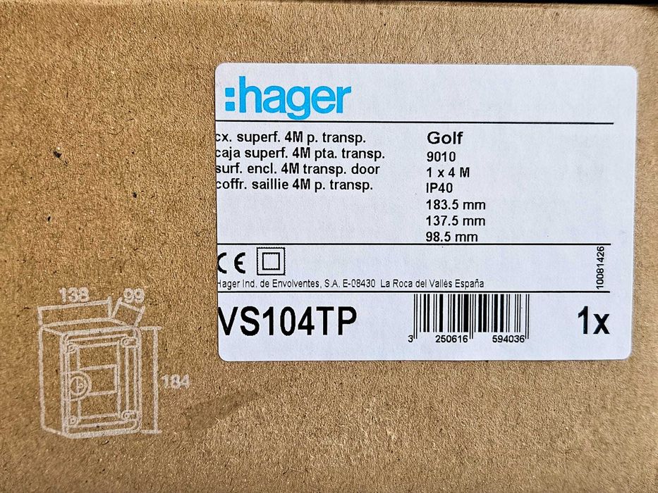 1x Caixa de distribuição Golf Sup. 1 fila 4M – HAGER VS104TP – NOVA