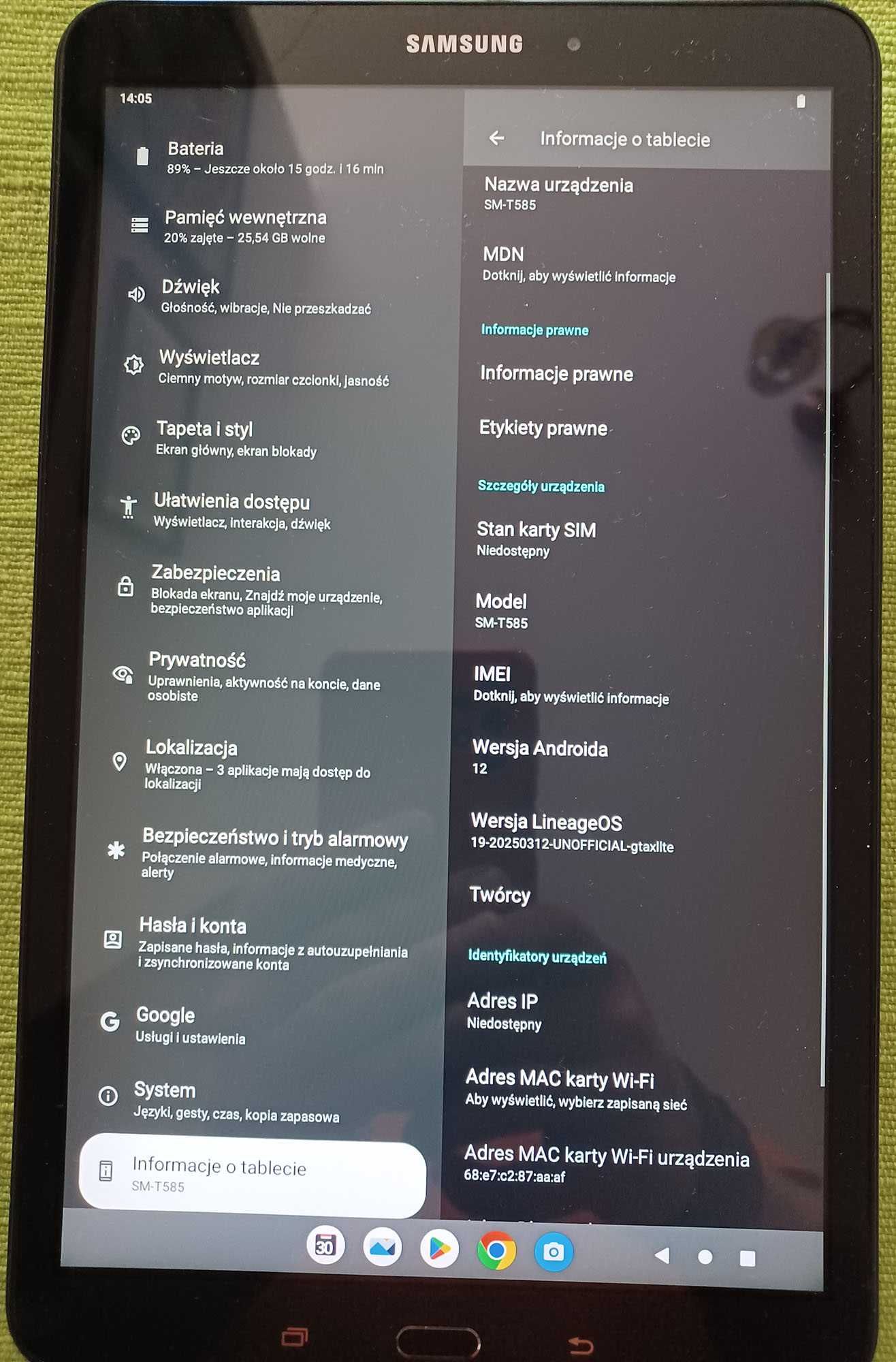 Tablet Samsung Galaxy Tab A 10.1 2016 LTE SM-T585 Adroid 12 custom