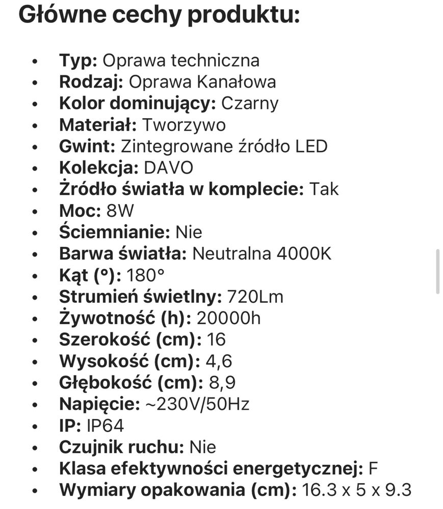 Davo Owal 8W 4000K IP 64 eko light- Oprawa kanałowa