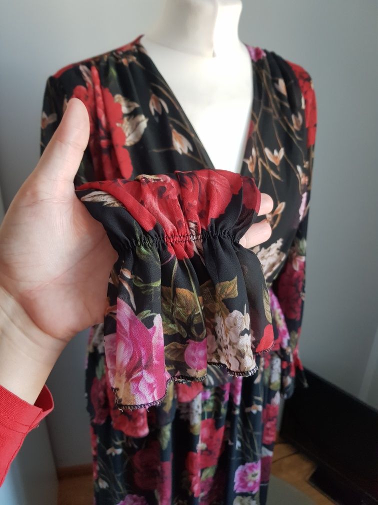 Sukienka suknia maxi w kwiaty rozkloszowana szyfonowa zwiewna